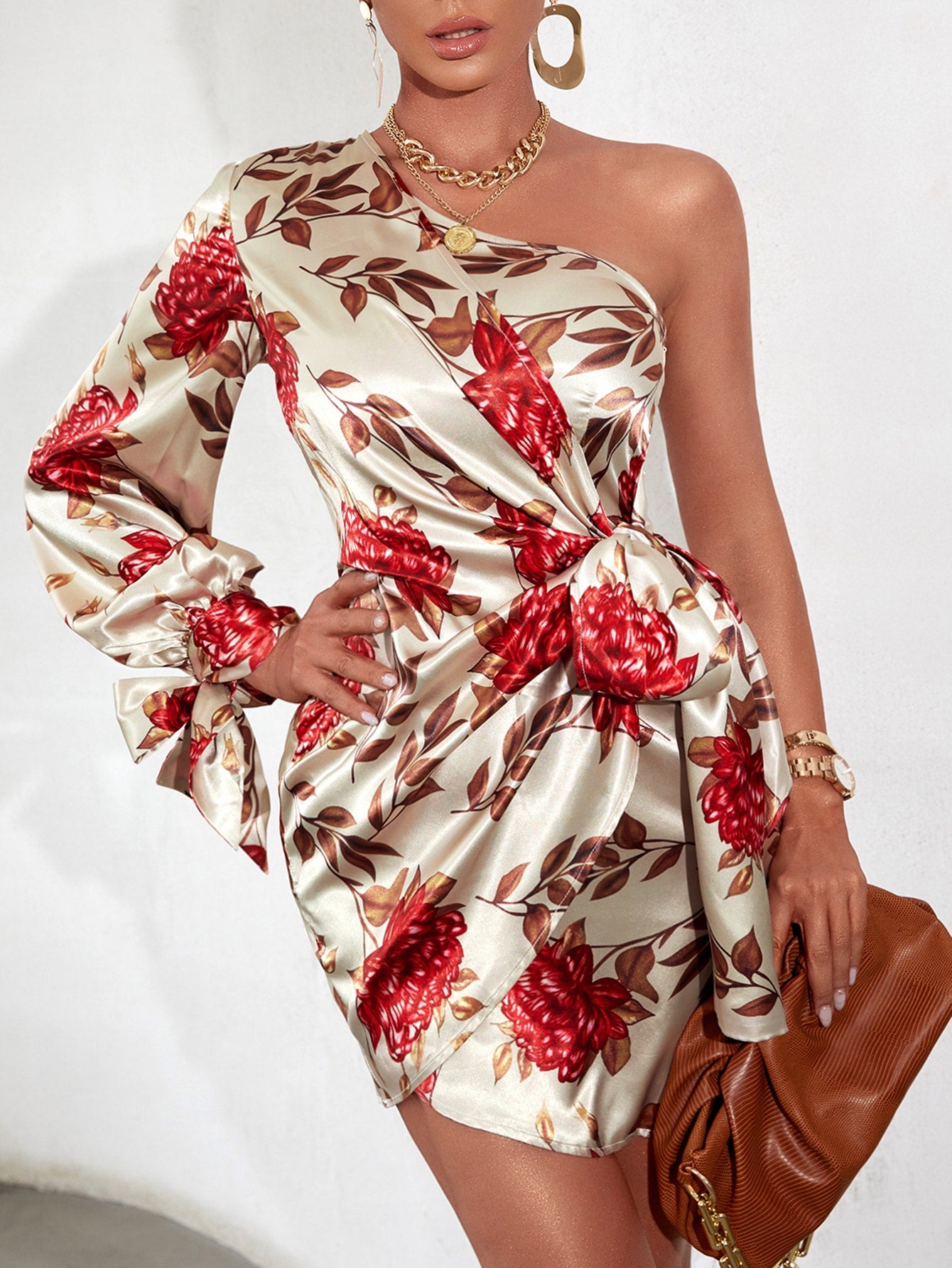 Floral Print One Shoulder Knot Side Satin Dress