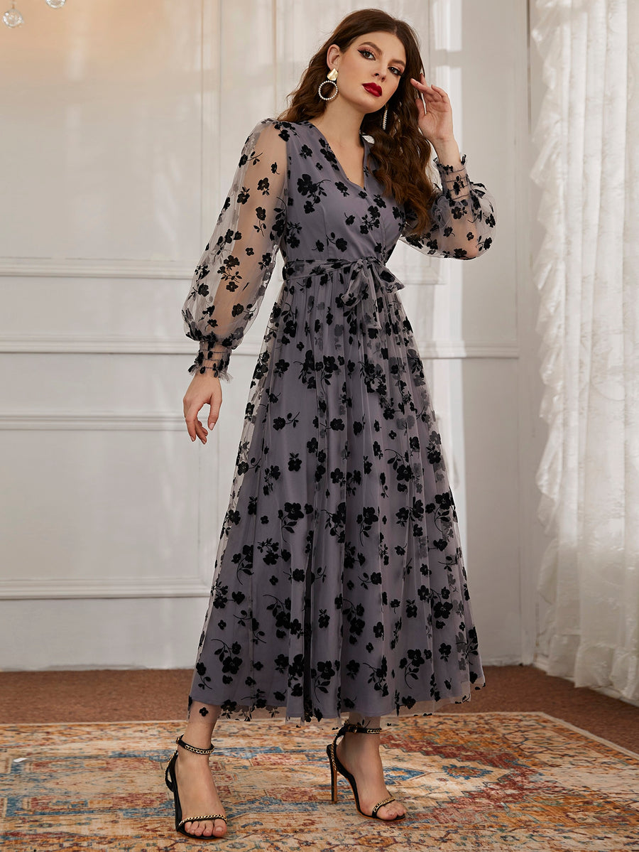 Floral Mesh Belted Surplice Front Dress