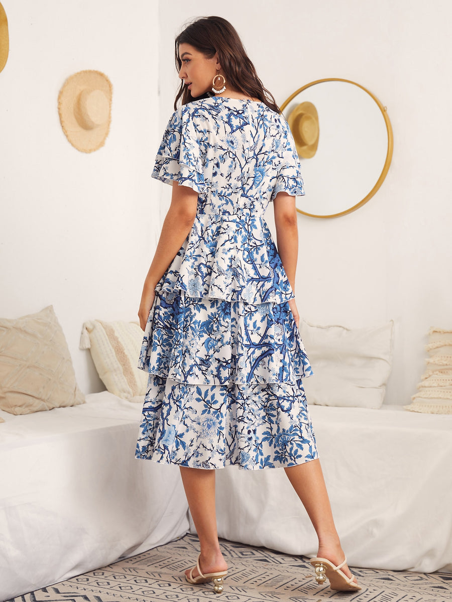 Butterfly Sleeve Layered Hem Floral Dress with all-over print