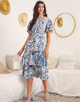 Butterfly Sleeve Layered Hem Floral Dress