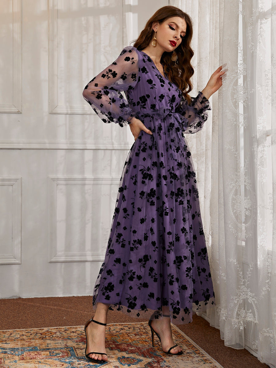 Floral Mesh Belted Surplice Front Dress