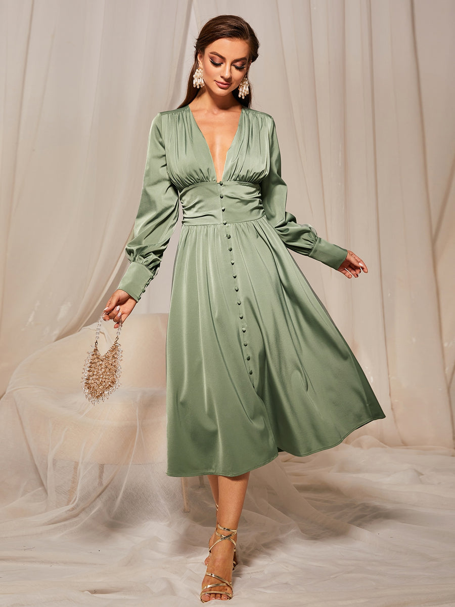 MOTF PREMIUM GATHERED BALLOON SLEEVE FLOWY DRESS