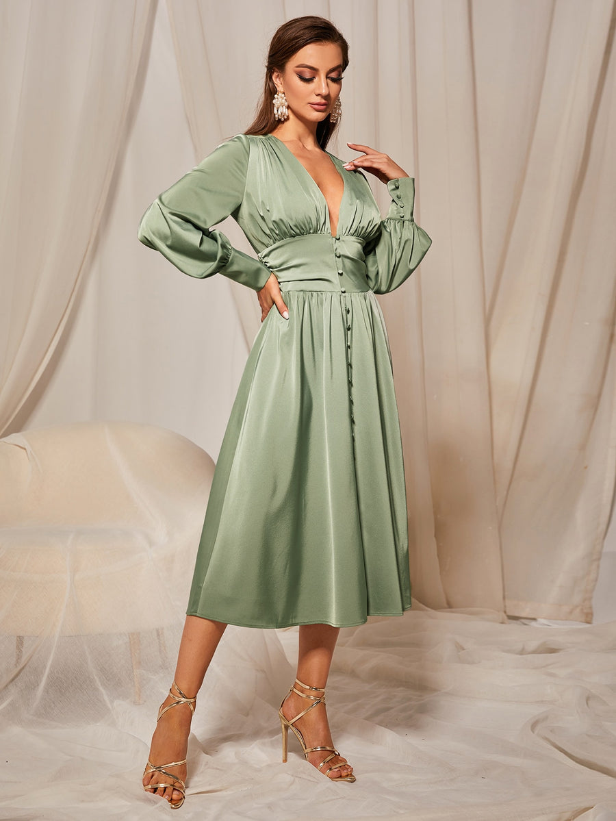 MOTF PREMIUM GATHERED BALLOON SLEEVE FLOWY DRESS