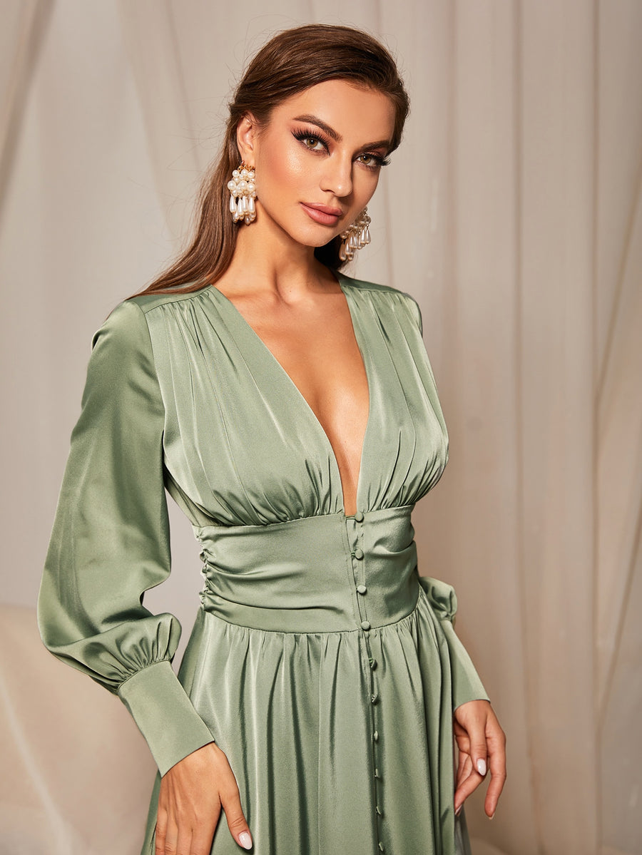 MOTF PREMIUM GATHERED BALLOON SLEEVE FLOWY DRESS