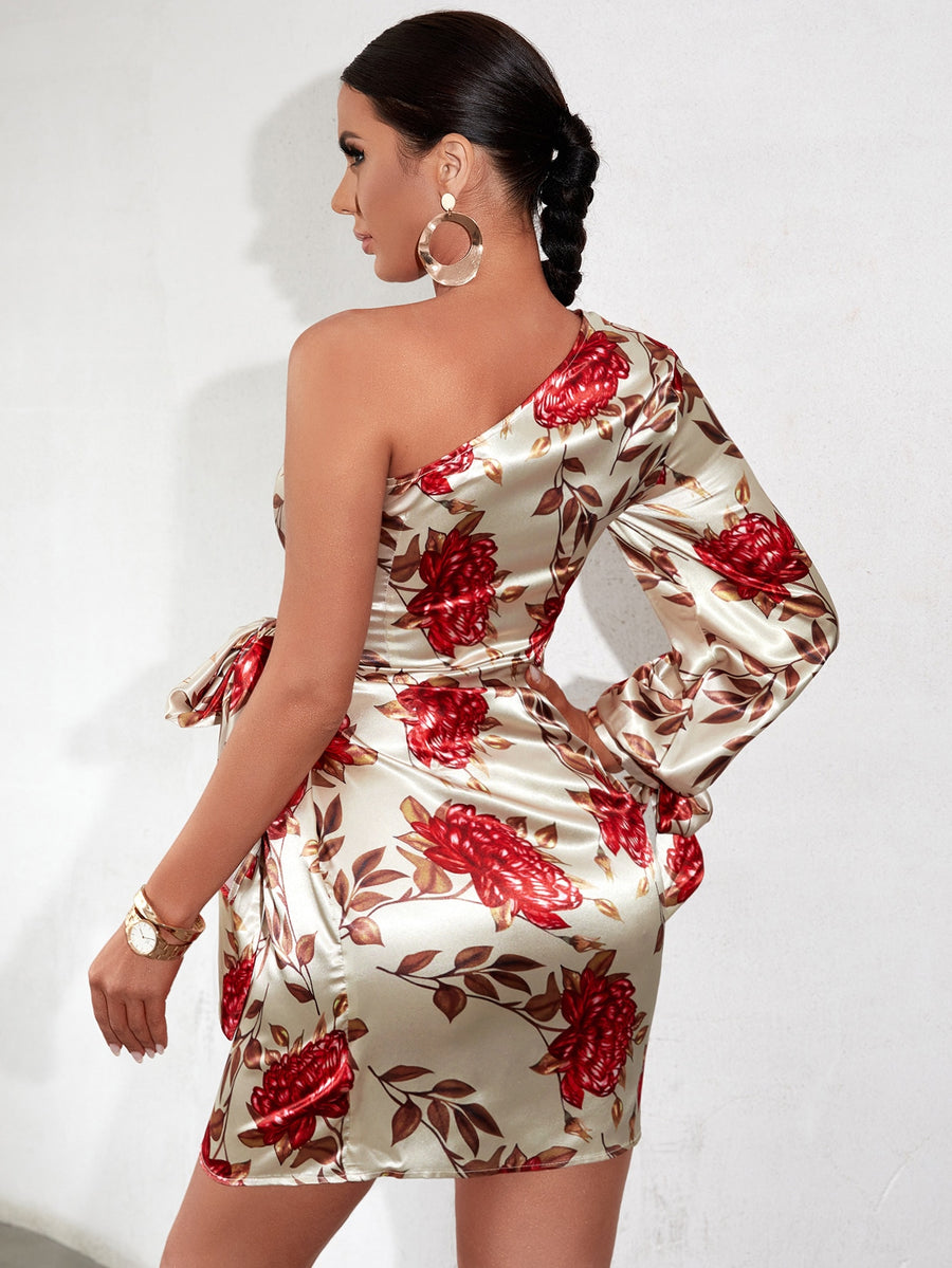 Floral Print One Shoulder Knot Side Satin Dress