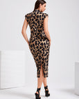 Leopard Print Shoulder Pad Split Back Bodycon Dress Without Belt