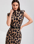 Leopard Print Shoulder Pad Split Back Bodycon Dress Without Belt