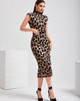 Leopard Print Shoulder Pad Split Back Bodycon Dress Without Belt