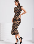 Leopard Print Shoulder Pad Split Back Bodycon Dress Without Belt