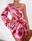 Floral Print One Shoulder Knot Side Satin Dress