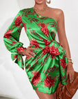 Floral Print One Shoulder Knot Side Satin Dress