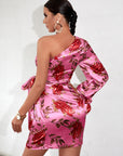 Floral Print One Shoulder Knot Side Satin Dress