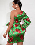 Floral Print One Shoulder Knot Side Satin Dress