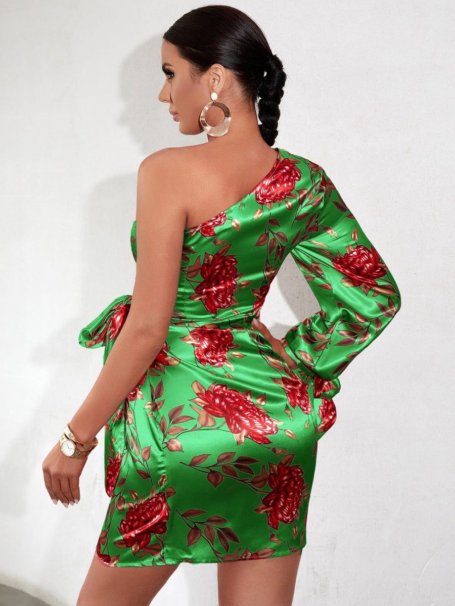 Floral Print One Shoulder Knot Side Satin Dress