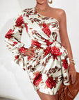 Floral Print One Shoulder Knot Side Satin Dress