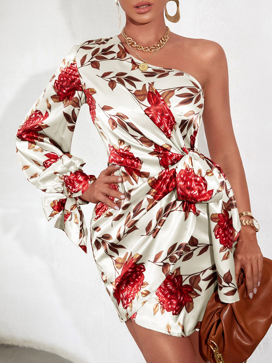 Floral Print One Shoulder Knot Side Satin Dress