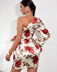 Floral Print One Shoulder Knot Side Satin Dress