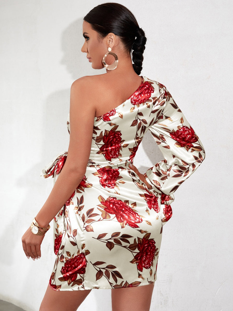 Floral Print One Shoulder Knot Side Satin Dress