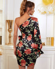 Floral Print One Shoulder Knot Side Satin Dress