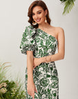 Floral Print One Shoulder Puff Sleeve Mermaid Hem Dress