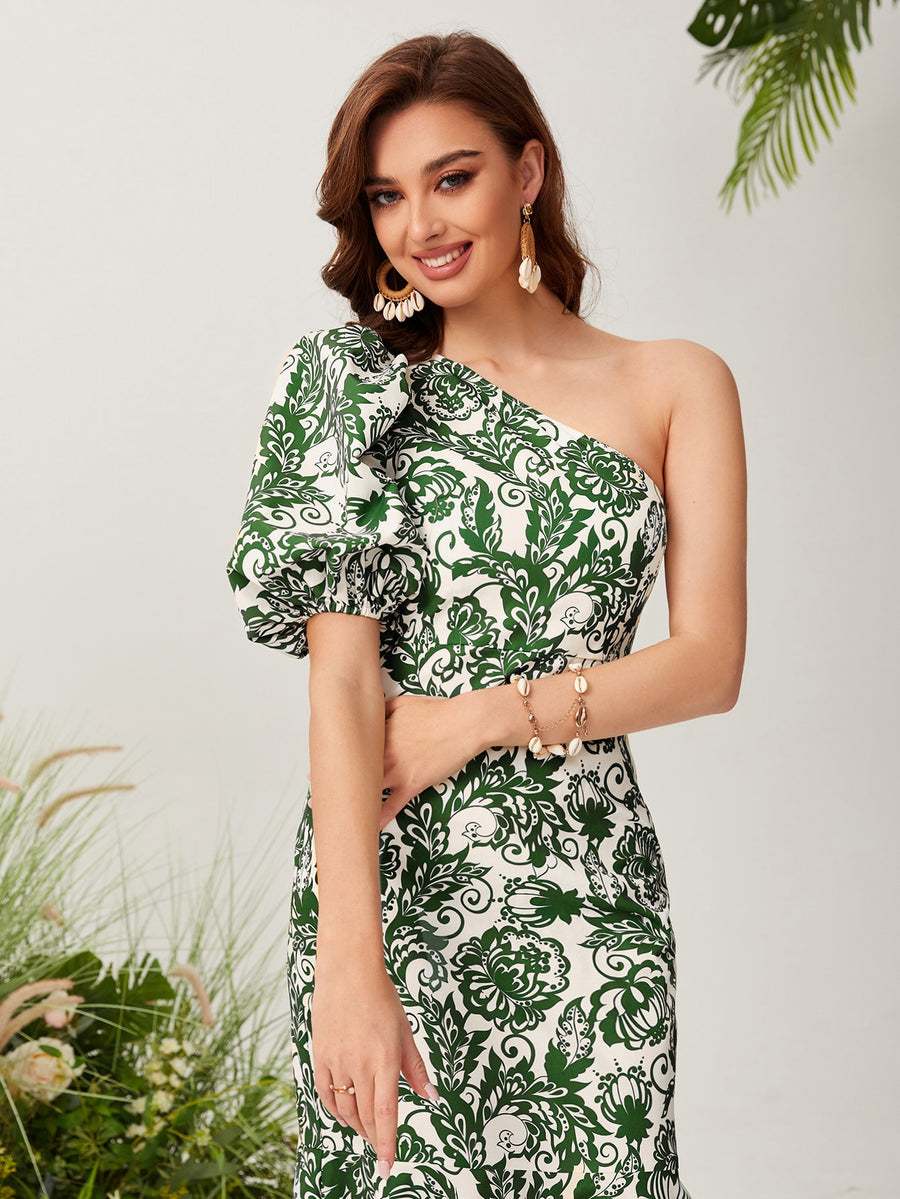 Floral Print One Shoulder Puff Sleeve Mermaid Hem Dress