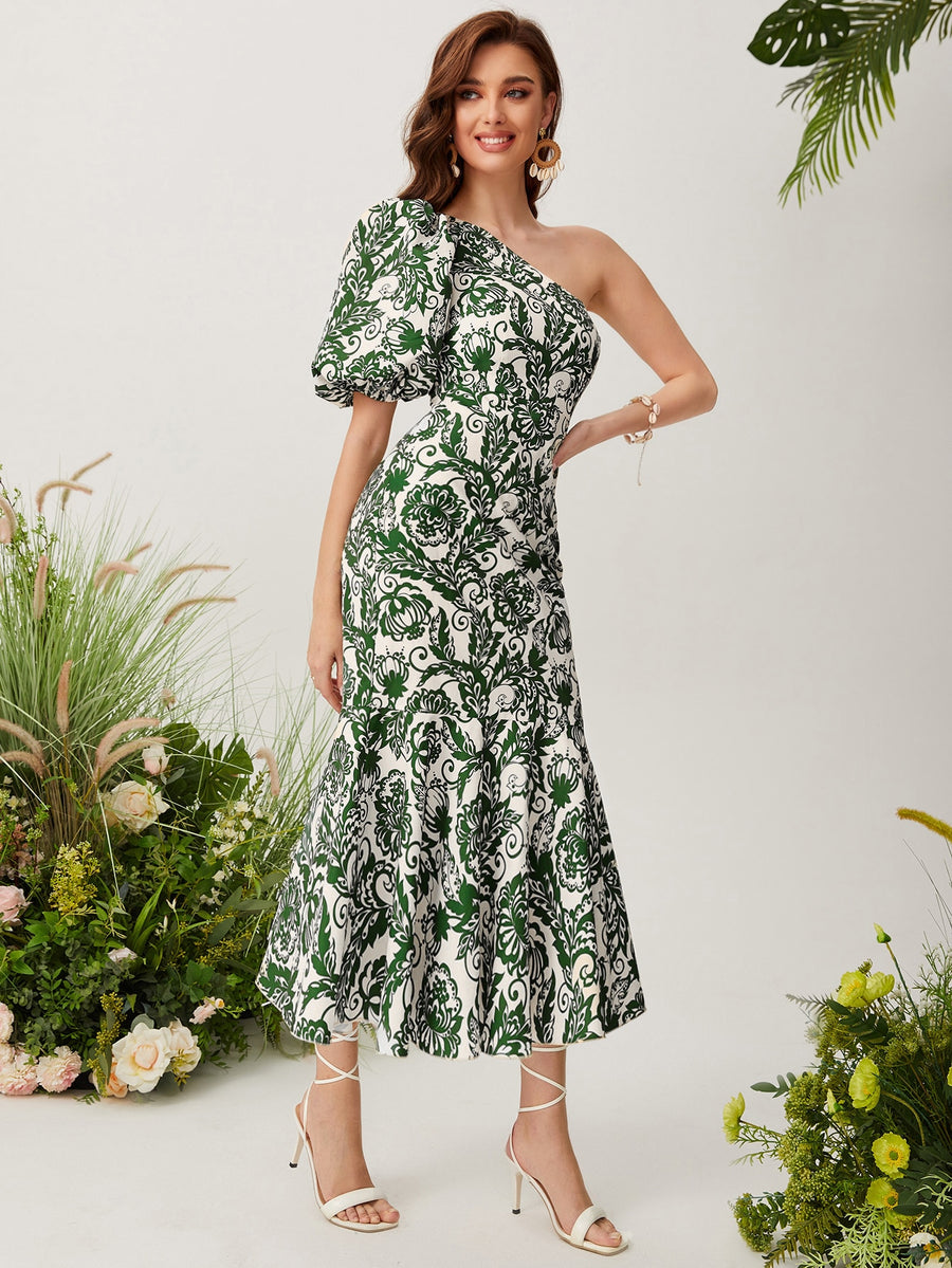 Floral Print One Shoulder Puff Sleeve Mermaid Hem Dress