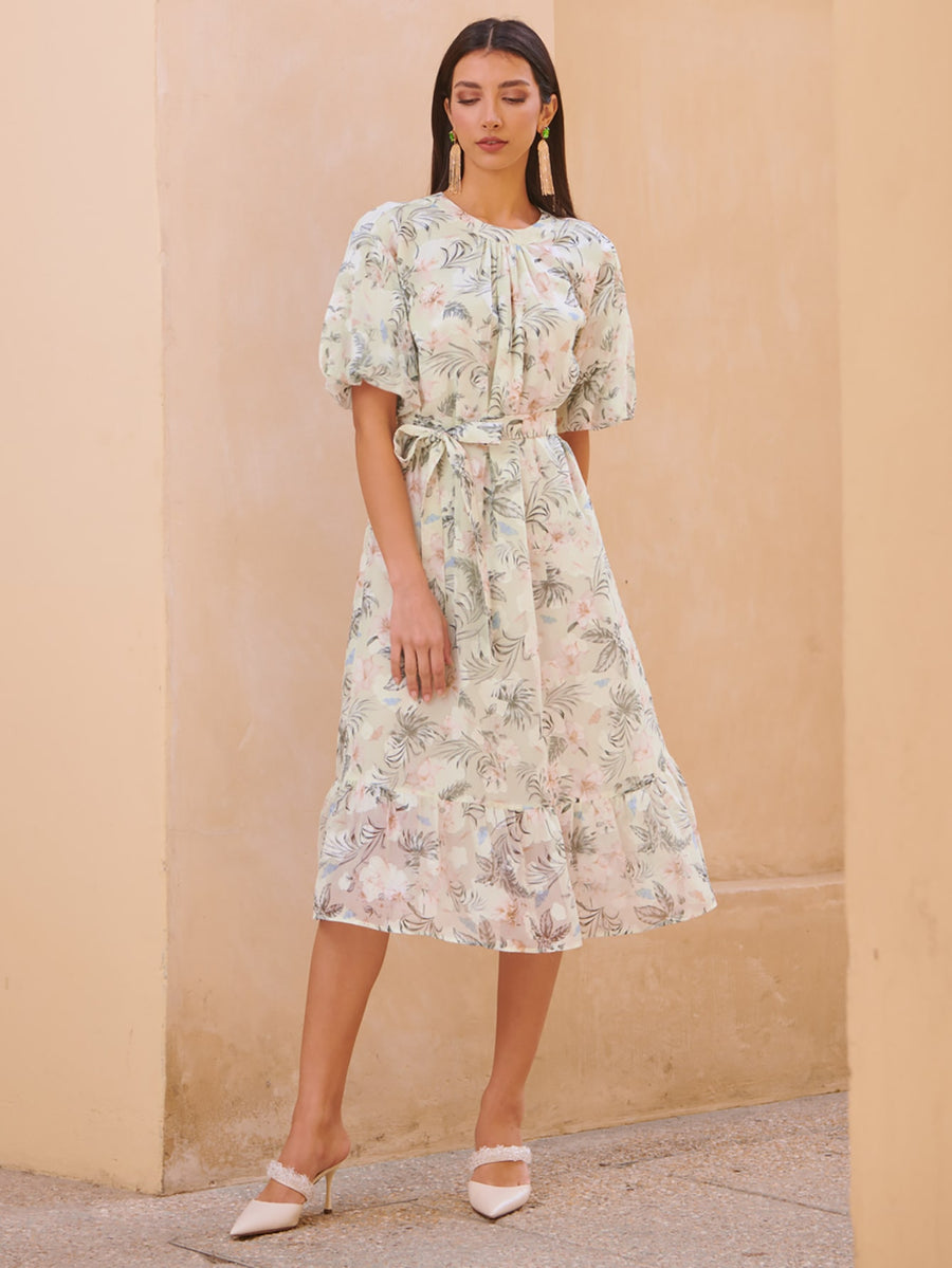 MOTF PREMIUM FLORAL BALLOON SLEEVE BELTED DRESS