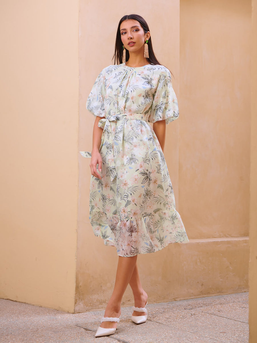 MOTF PREMIUM FLORAL BALLOON SLEEVE BELTED DRESS