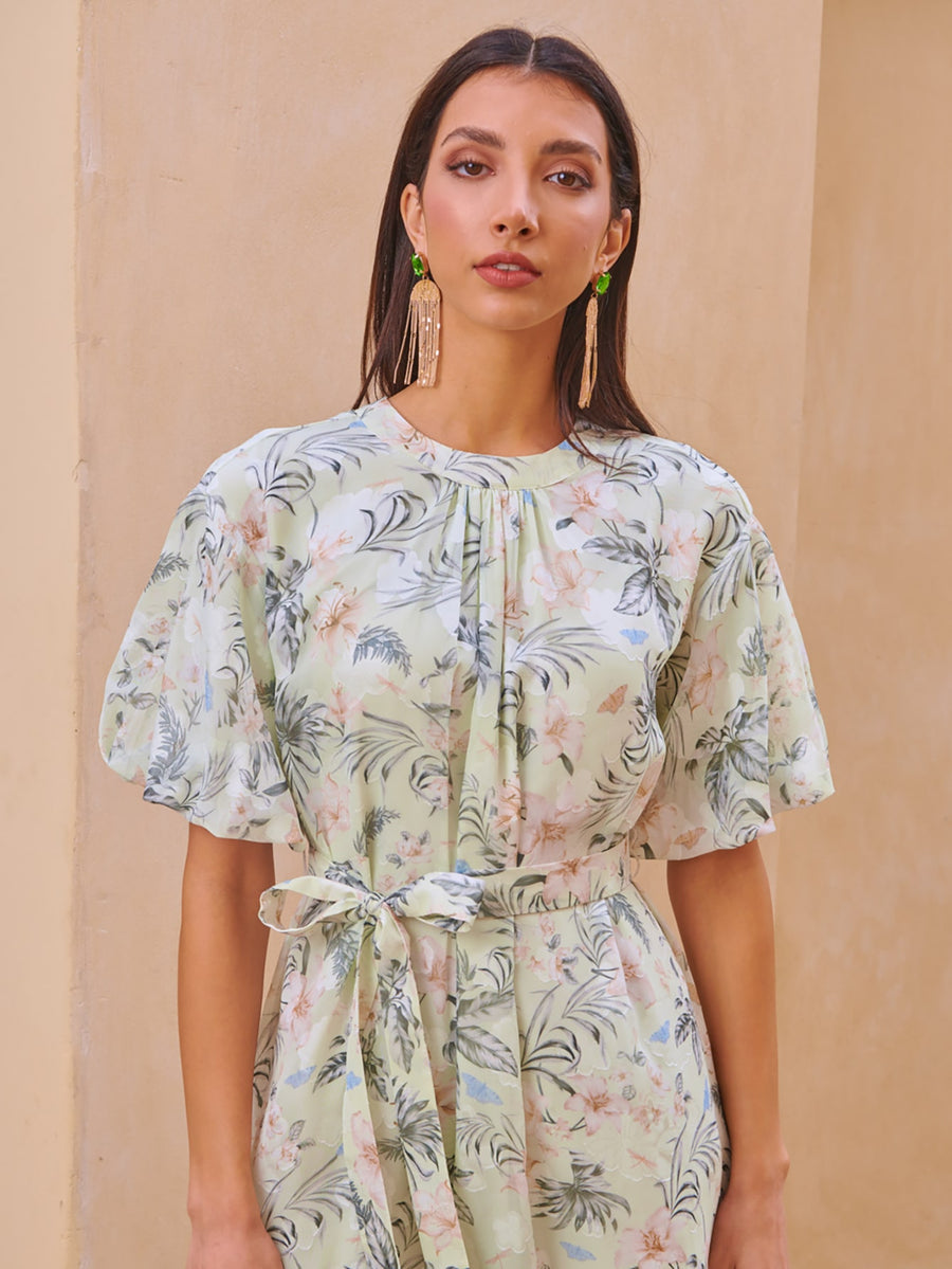 MOTF PREMIUM FLORAL BALLOON SLEEVE BELTED DRESS