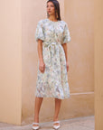 MOTF PREMIUM FLORAL BALLOON SLEEVE BELTED DRESS