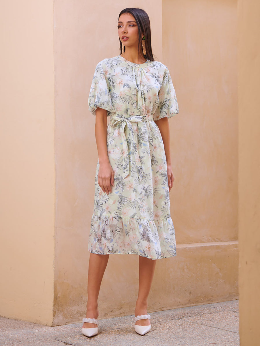 MOTF PREMIUM FLORAL BALLOON SLEEVE BELTED DRESS