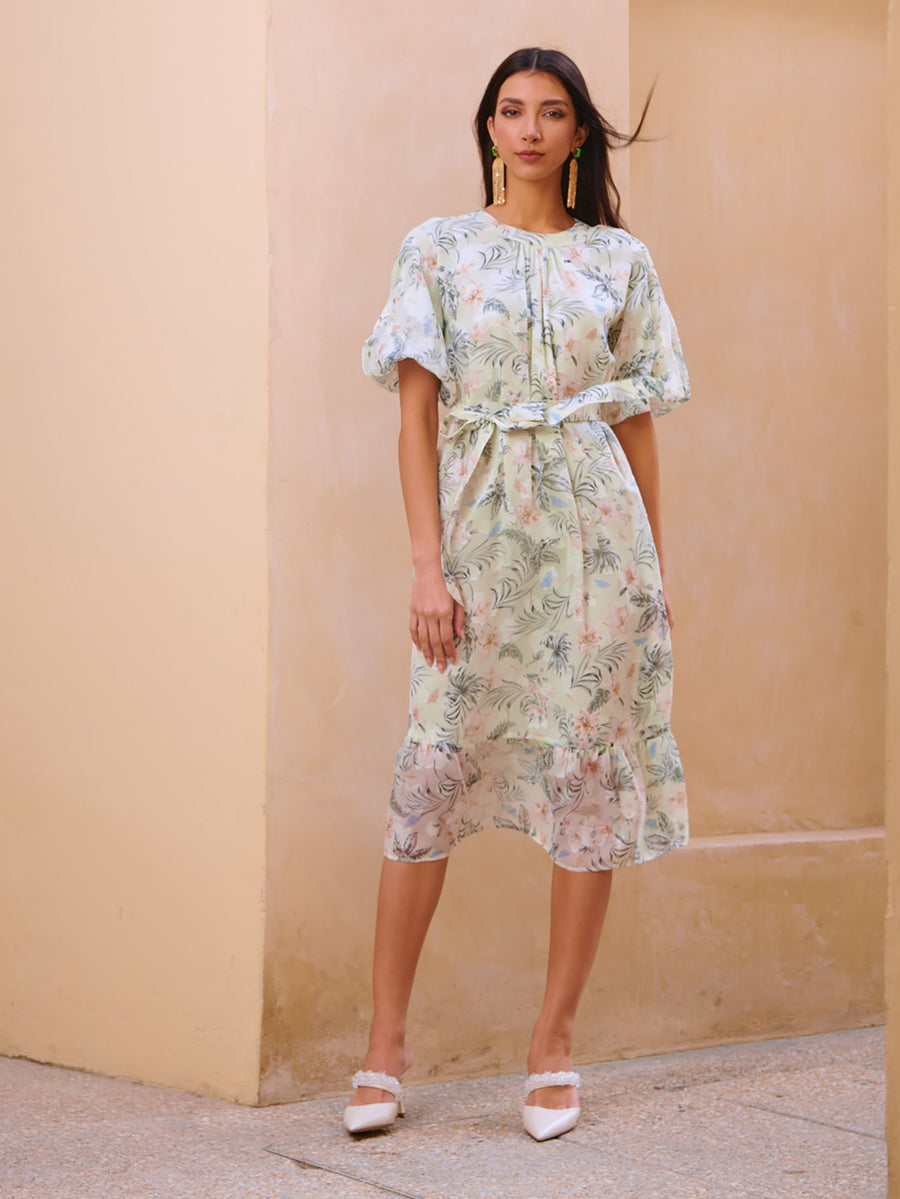 MOTF PREMIUM FLORAL BALLOON SLEEVE BELTED DRESS