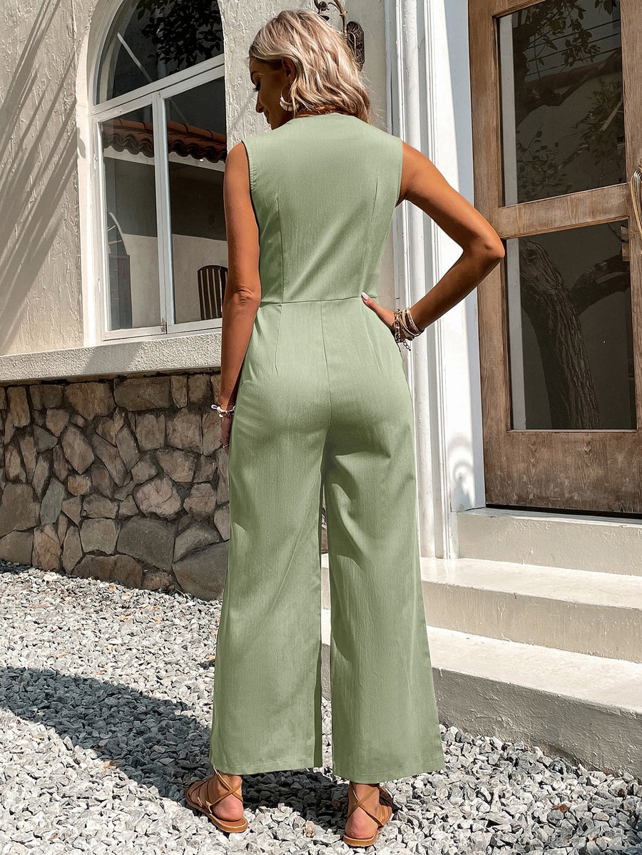 Solid Button Front Jumpsuit Without Belt