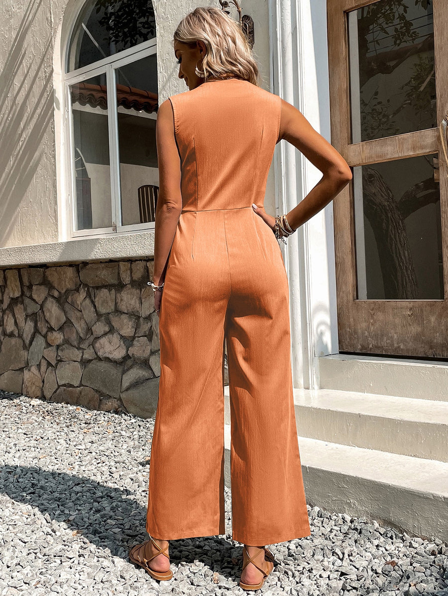 Solid Button Front Jumpsuit Without Belt