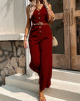 Solid Button Front Jumpsuit Without Belt