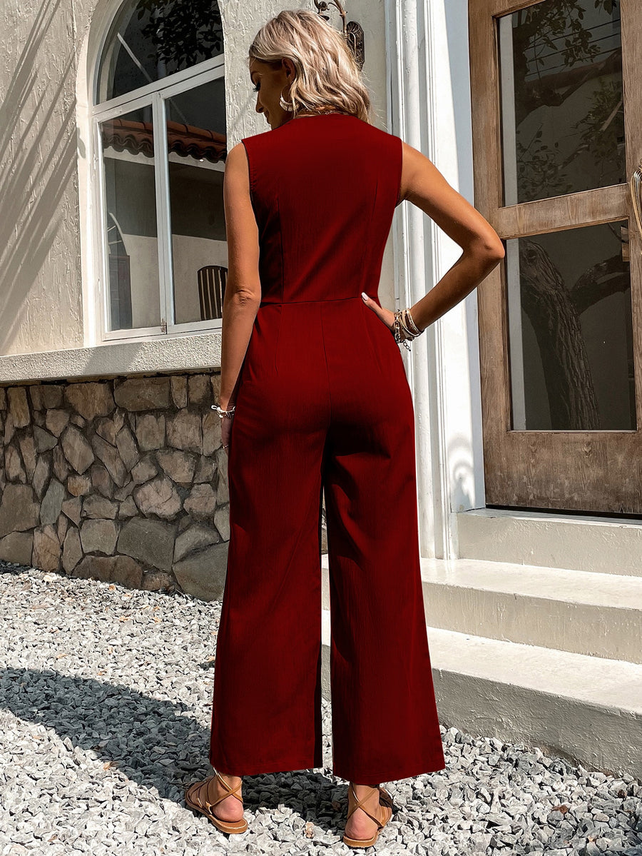 Solid Button Front Jumpsuit Without Belt