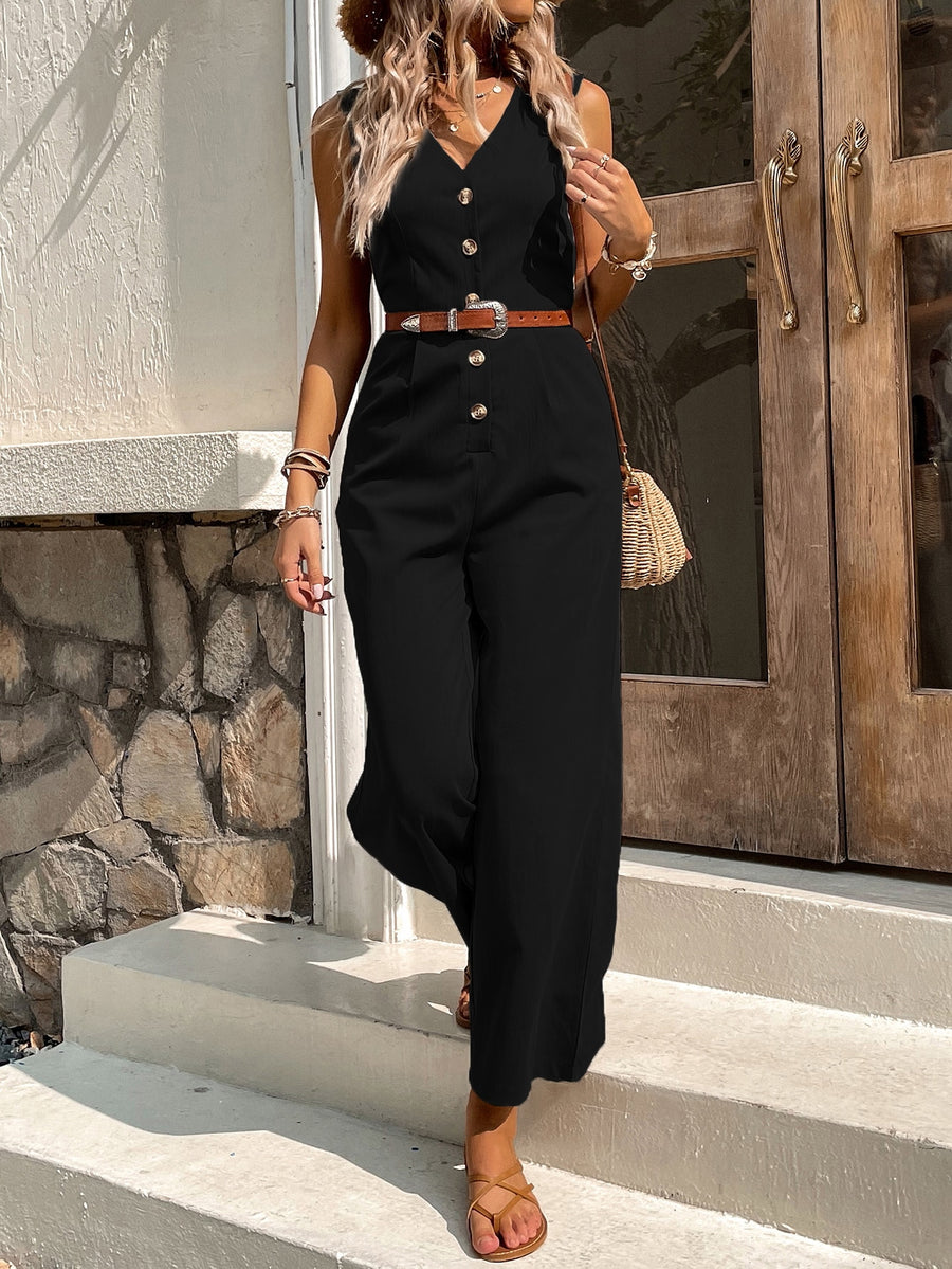 Solid Button Front Jumpsuit Without Belt