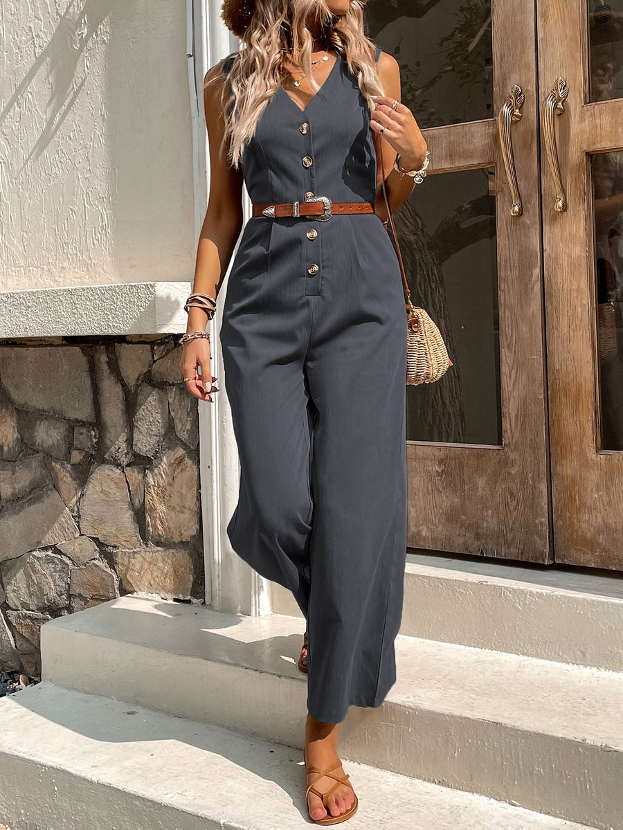 Solid Button Front Jumpsuit Without Belt