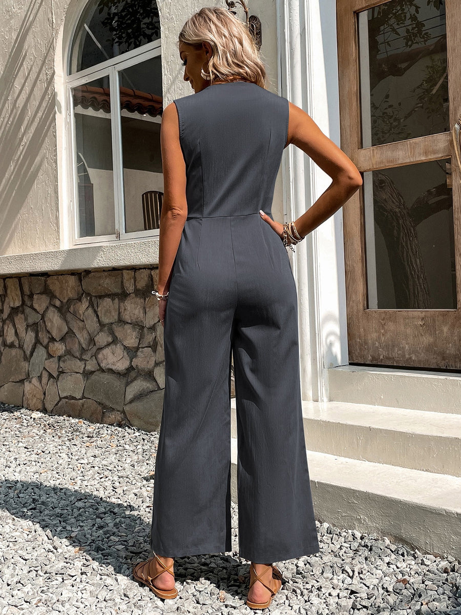 Solid Button Front Jumpsuit Without Belt