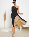 Colorblock One Shoulder Flared Hem Dress