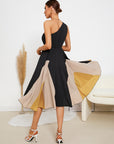 Colorblock One Shoulder Flared Hem Dress