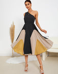 Colorblock One Shoulder Flared Hem Dress