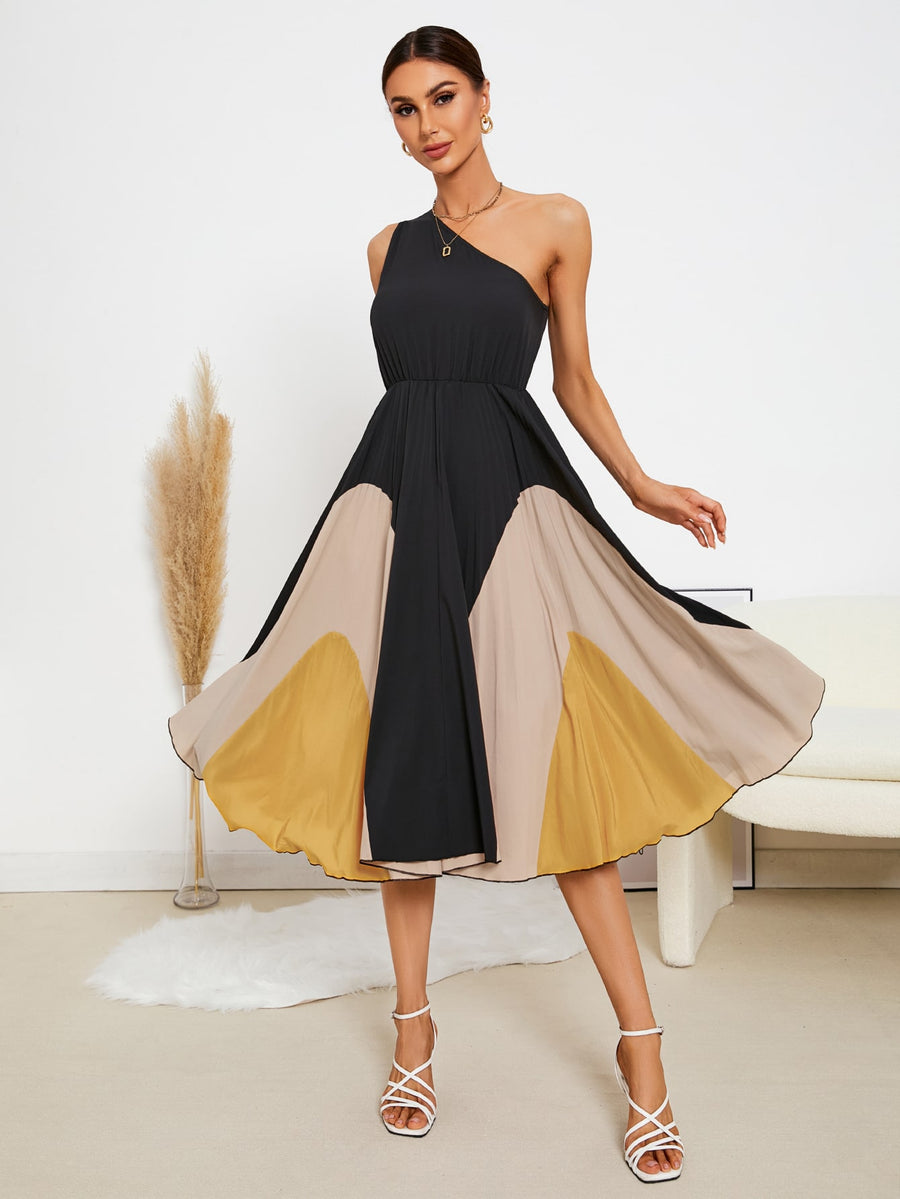 Colorblock One Shoulder Flared Hem Dress