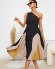 Colorblock One Shoulder Flared Hem Dress