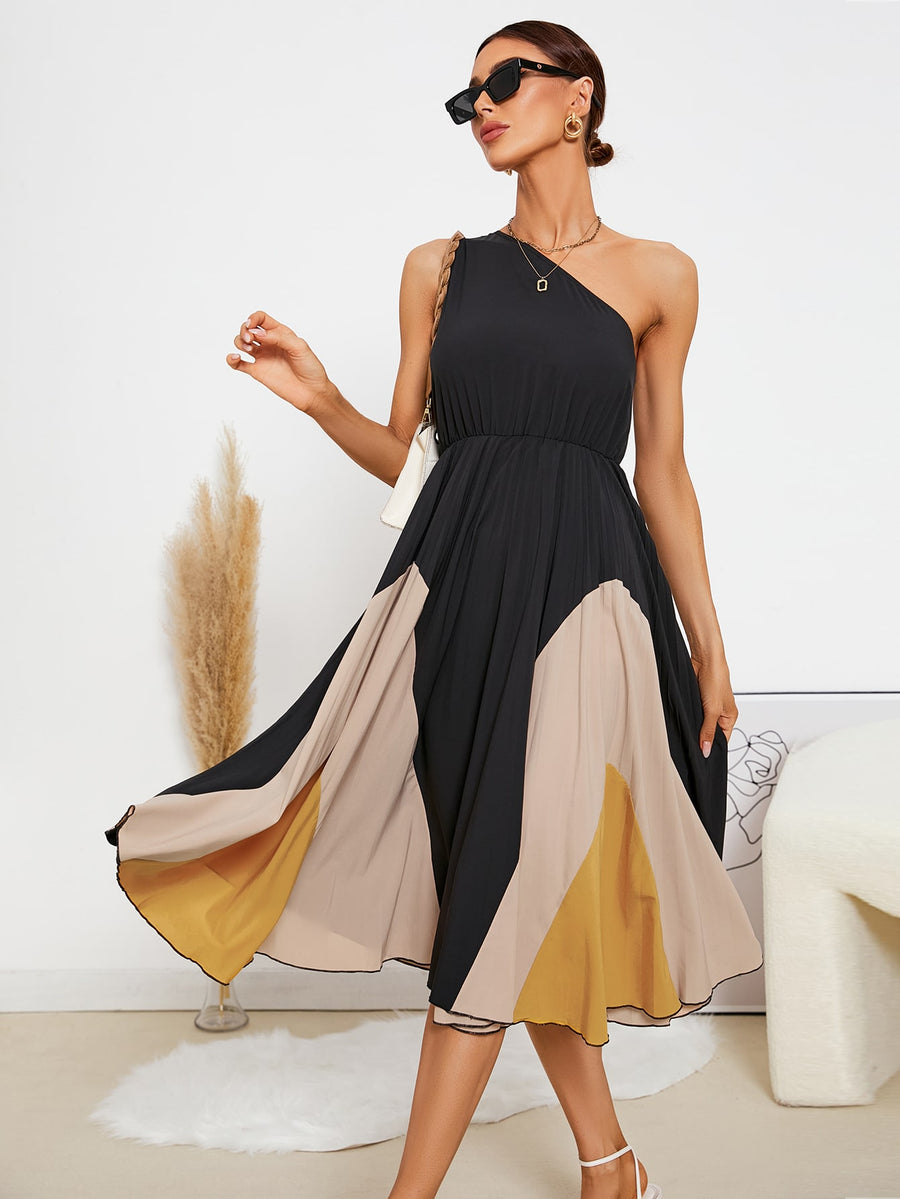 Colorblock One Shoulder Flared Hem Dress