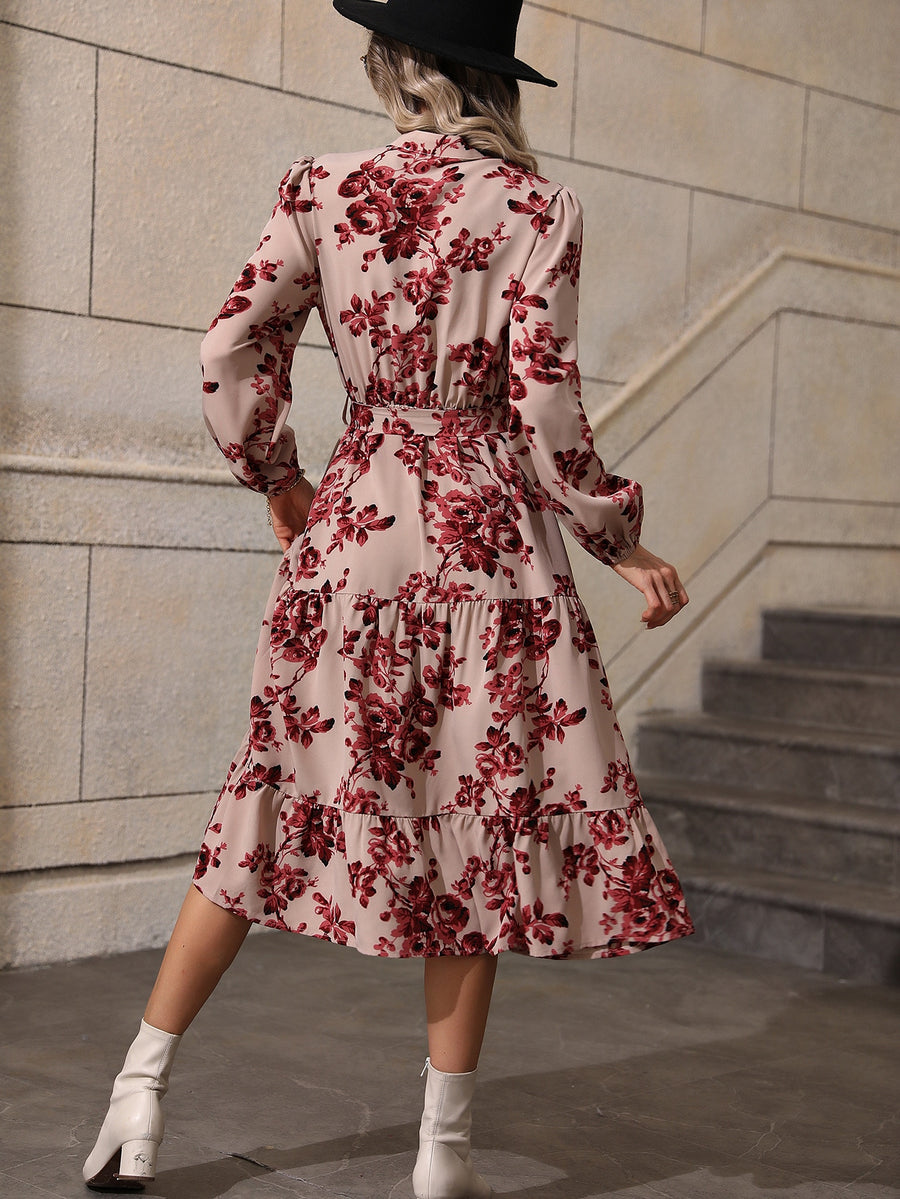 Floral Print Lantern Sleeve Belted Dress