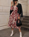 Floral Print Lantern Sleeve Belted Dress