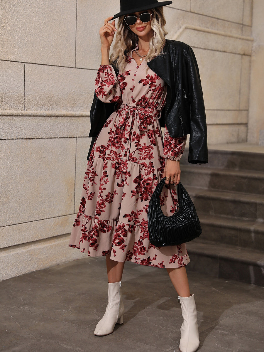 Floral Print Lantern Sleeve Belted Dress