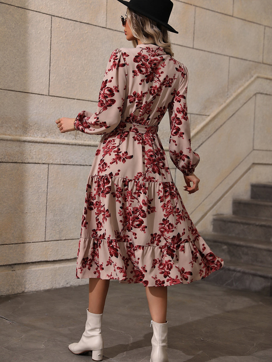 Floral Print Lantern Sleeve Belted Dress