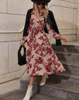 Floral Print Lantern Sleeve Belted Dress